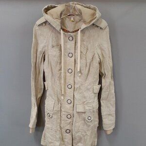 Free People Jacket Beige Khaki Long Hooded Ramie Coat Military Snap - Wo…